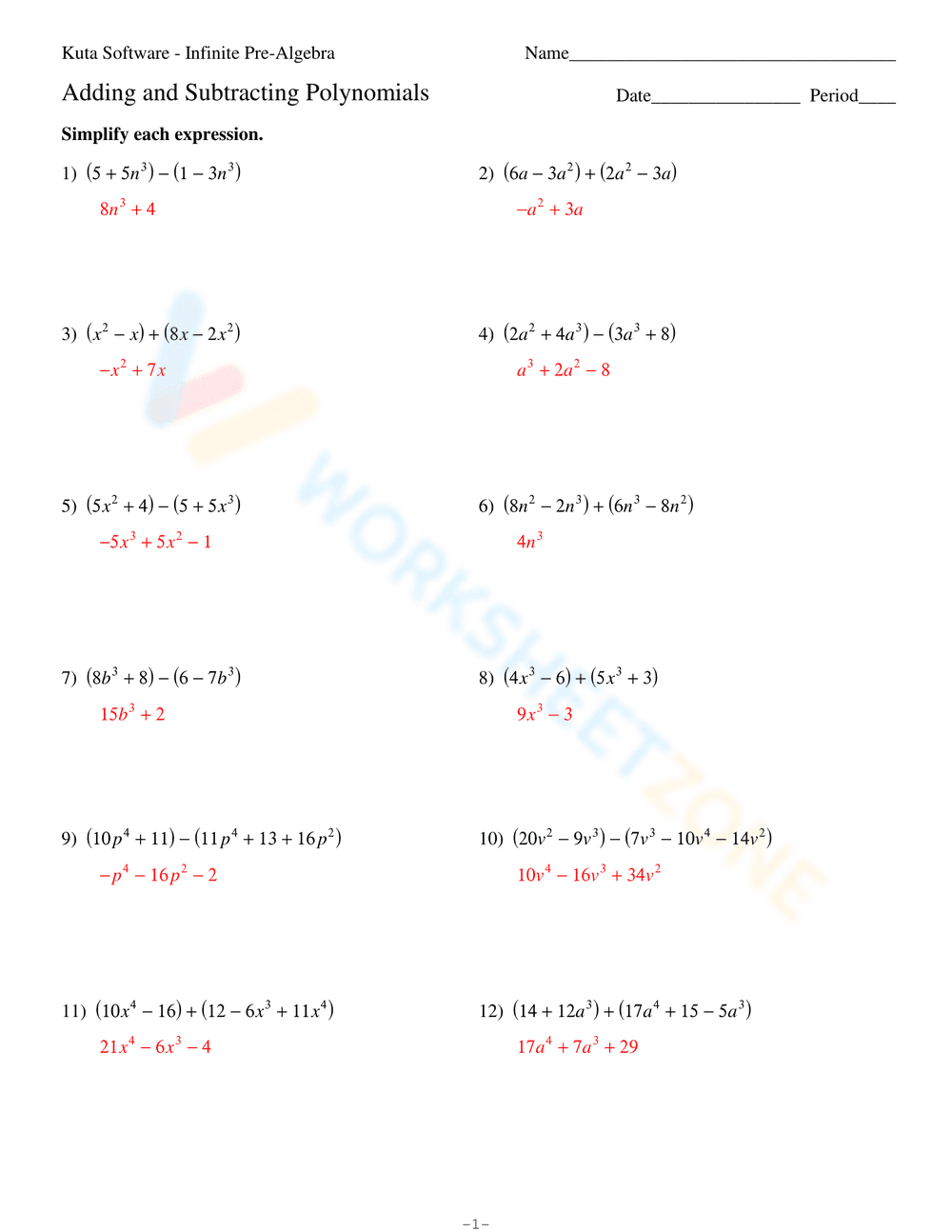 Adding and Subtracting Polynomials Worksheet 2 - Page 3