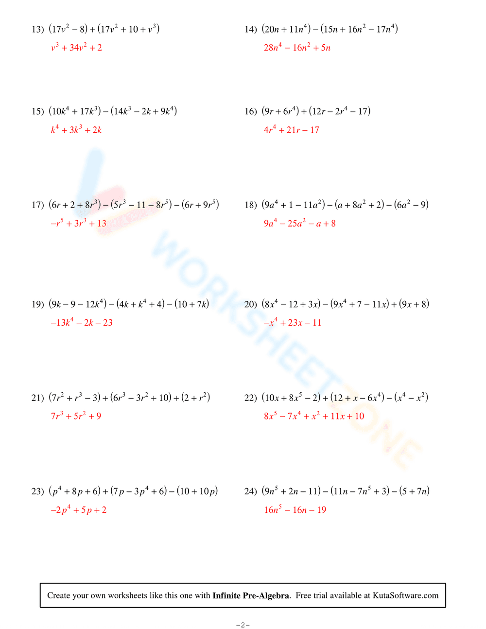 Adding and Subtracting Polynomials Worksheet 2 - Page 4