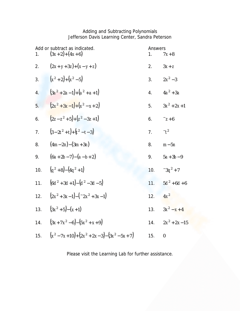 Adding and Subtracting Polynomials Advanced Practice - Page 1