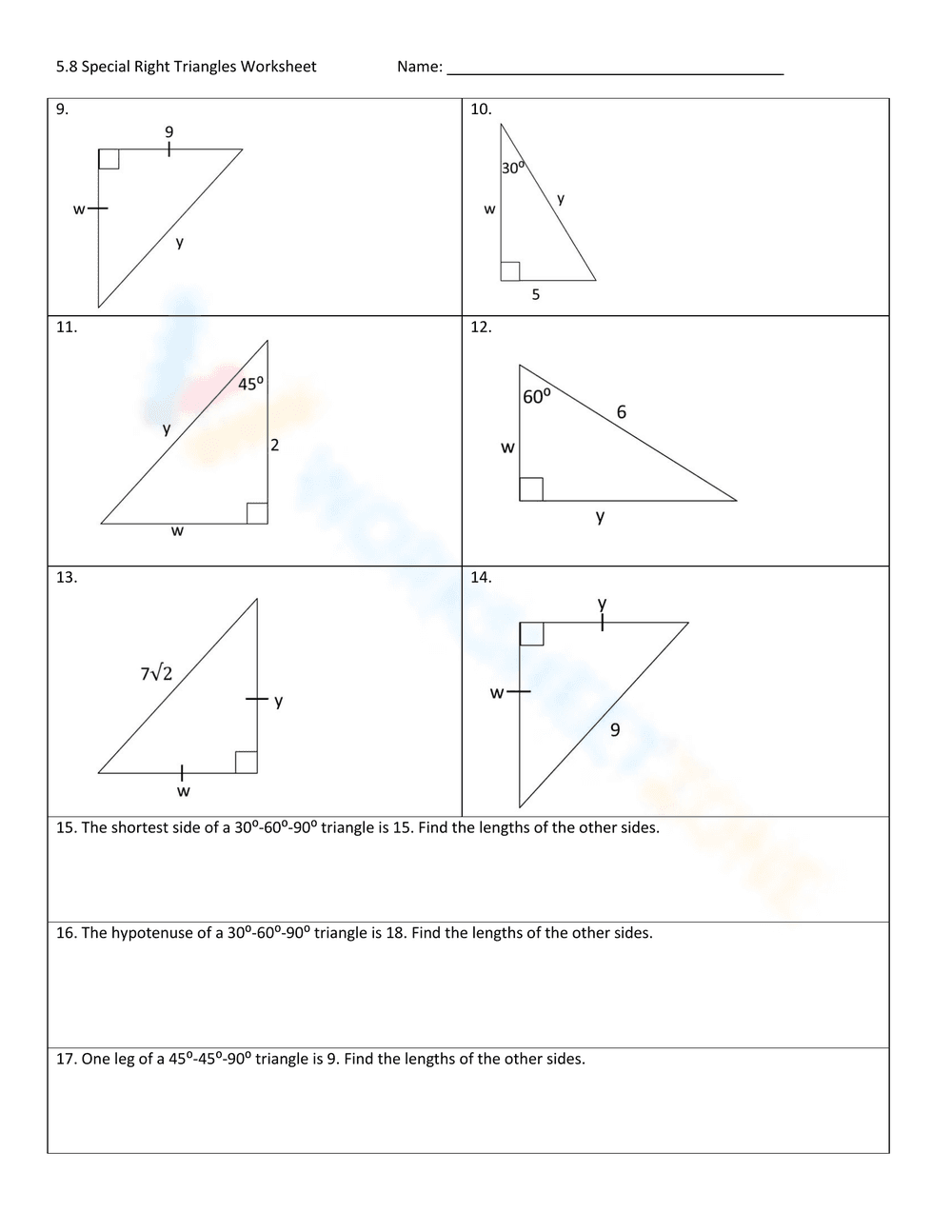 Special Right Triangles Worksheet: Solve Geometry Problems - Page 1