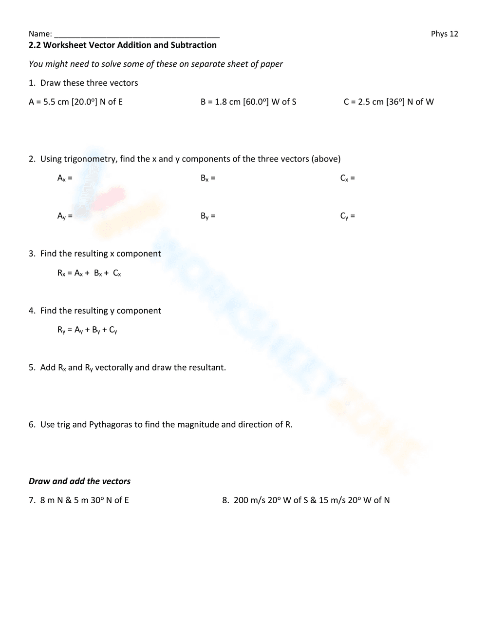 Worksheet on Vector Addition - Page 1