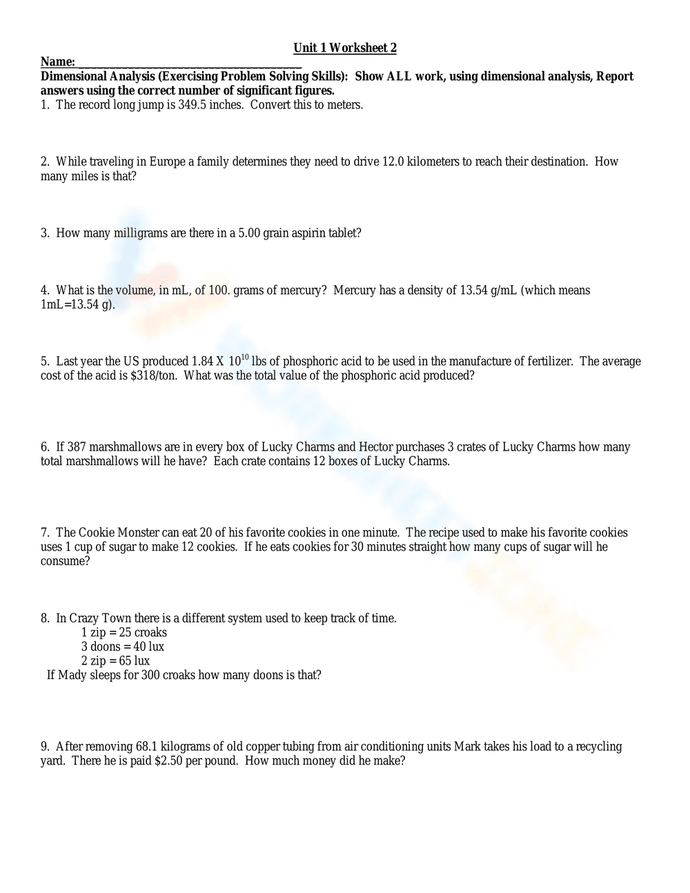Dimensional Analysis Worksheet: Unit Conversion - Page 2