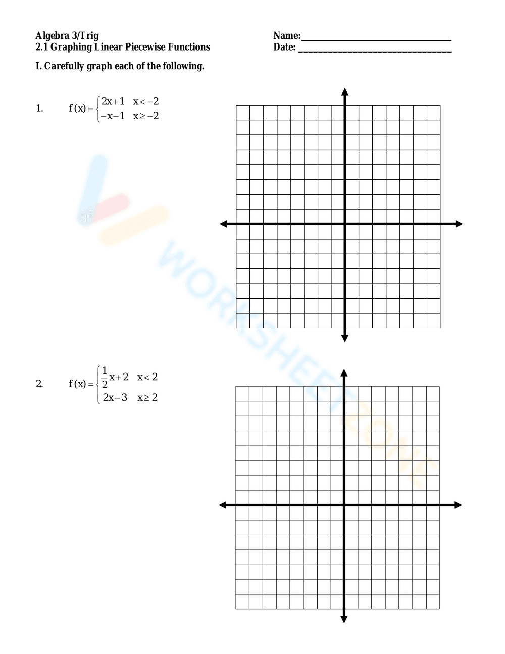 Graphing Linear Piecewise Functions Practice - Page 1
