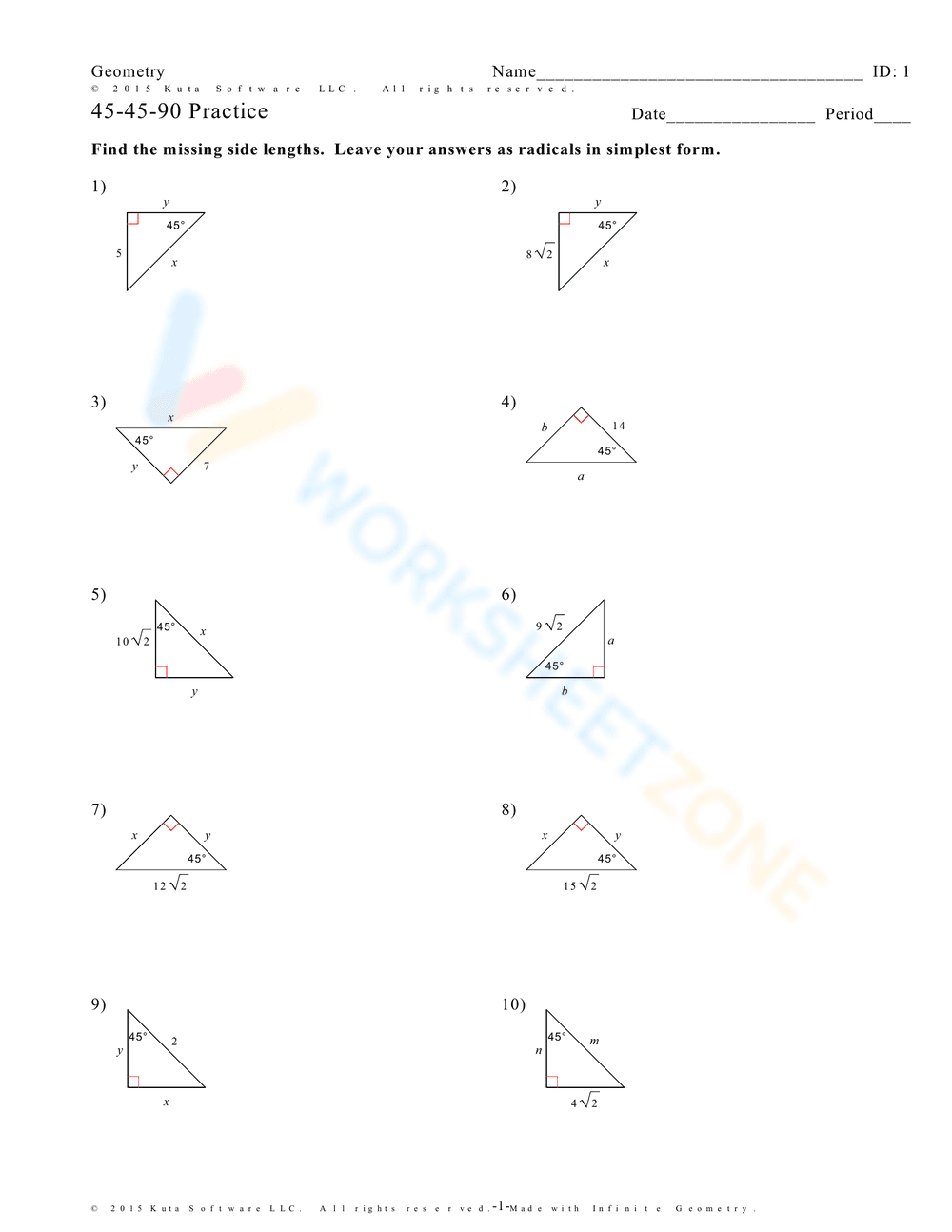 45-45-90 Triangle Practice for Geometry Students - Page 1