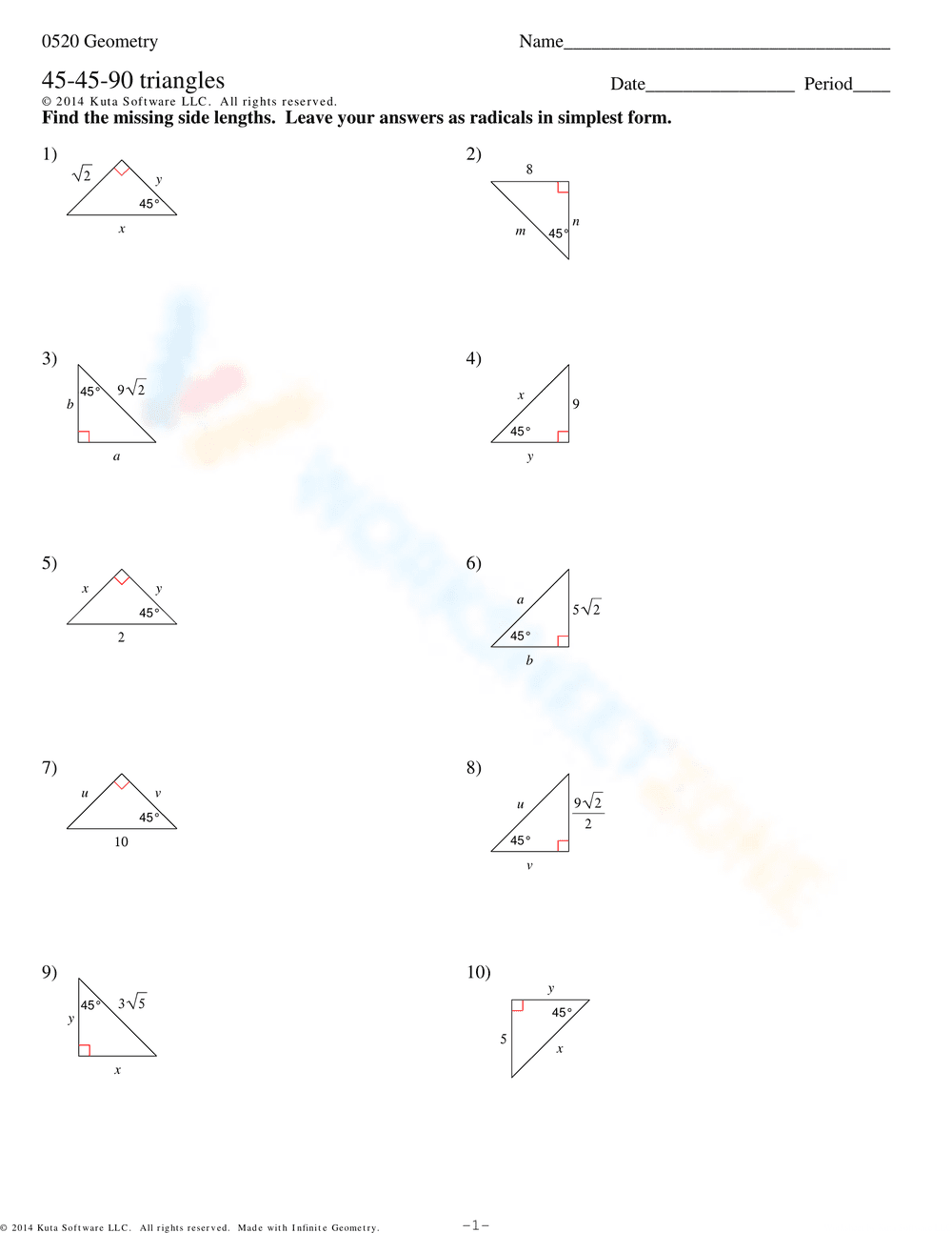 45-45-90 Triangles Practice: Geometry Problems - Page 1