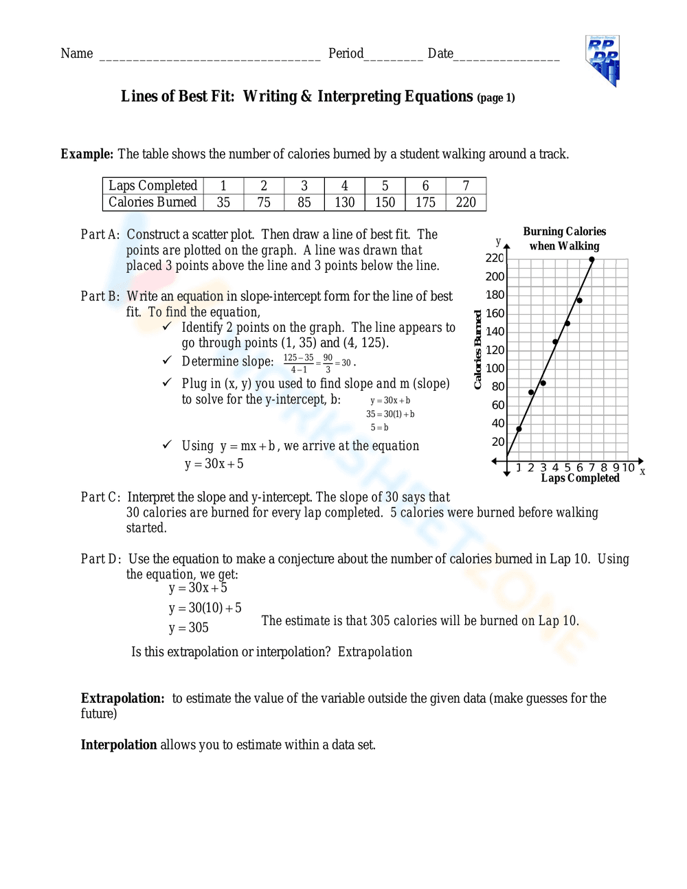 Write & Interpret Lines of Best Fit Equations - Page 1