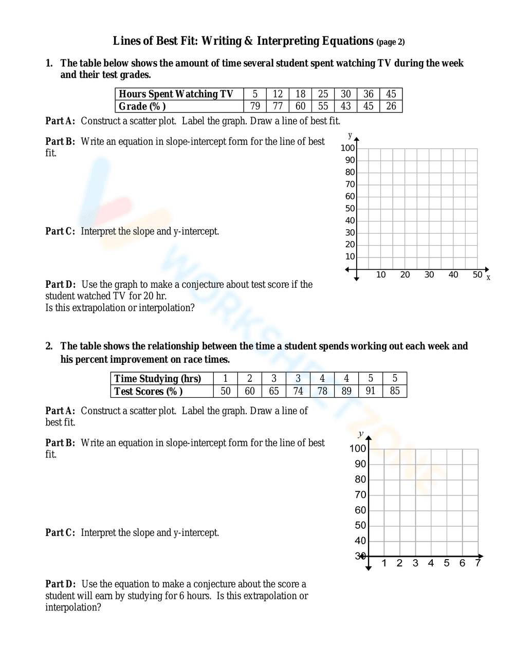 Write & Interpret Lines of Best Fit Equations - Page 2