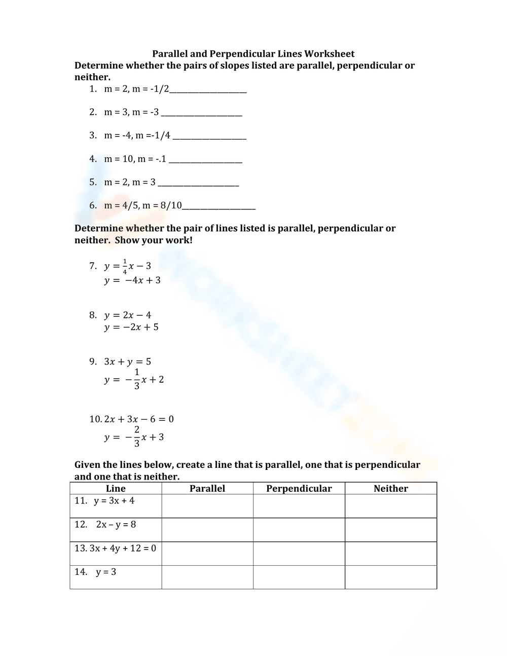 Parallel and Perpendicular Lines Worksheet - Page 1