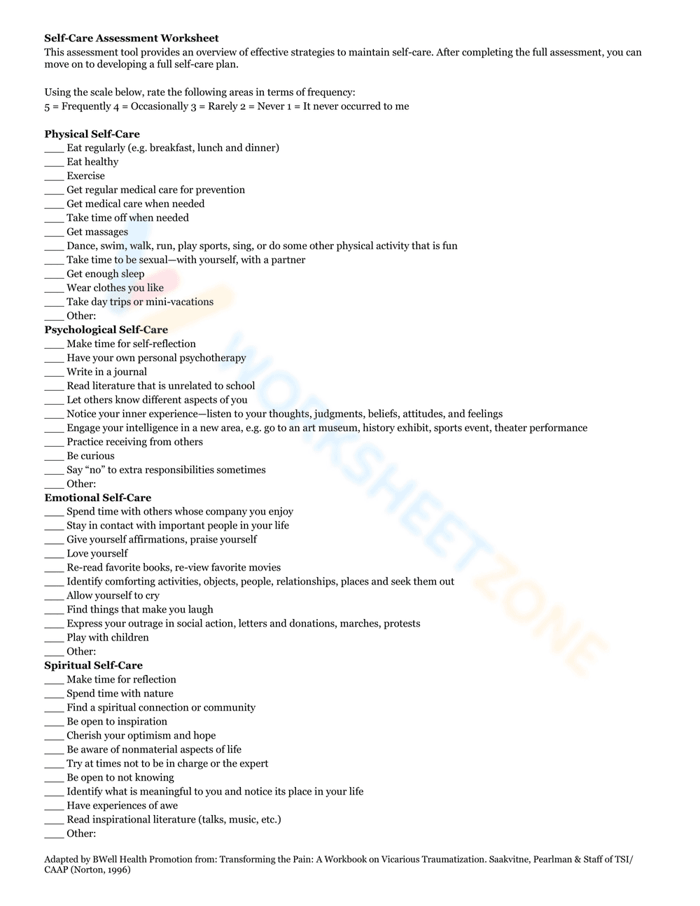 Detailed Self-Care Assessment Worksheet - Page 1