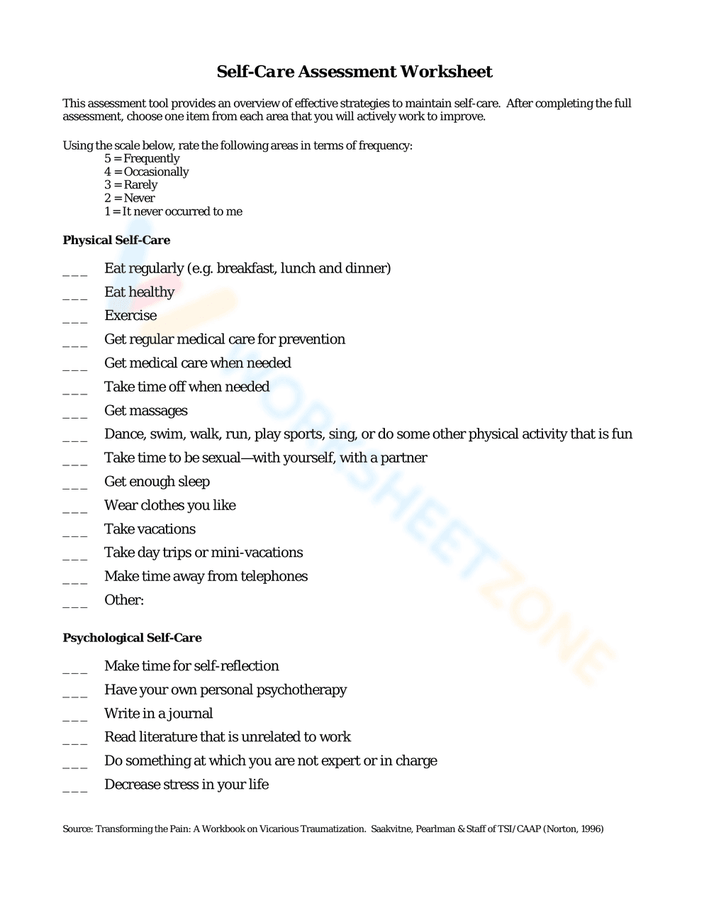 Self-Care Assessment Worksheet - Page 1