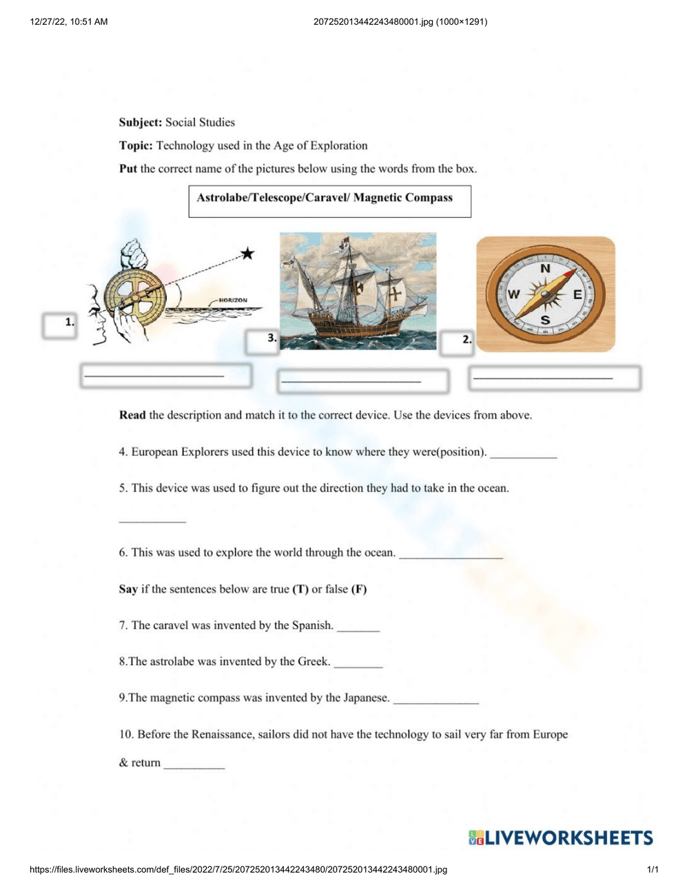 The Age of Exploration: Engaging Worksheet - Page 1