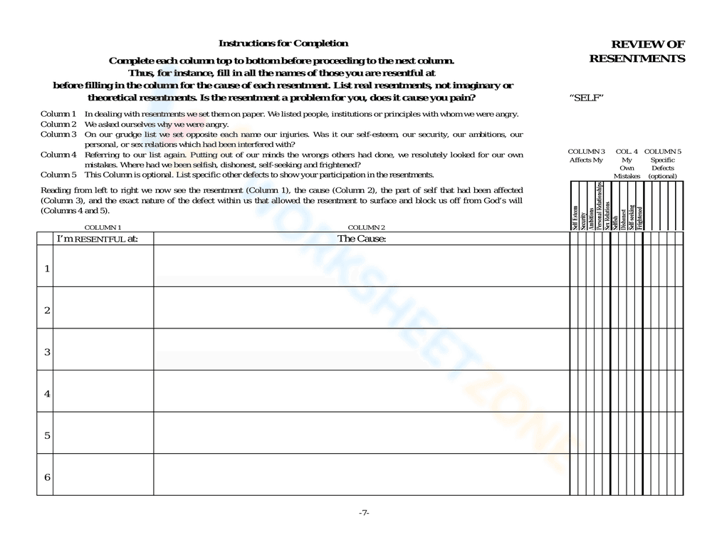 Review of Resentments Worksheet - Page 1
