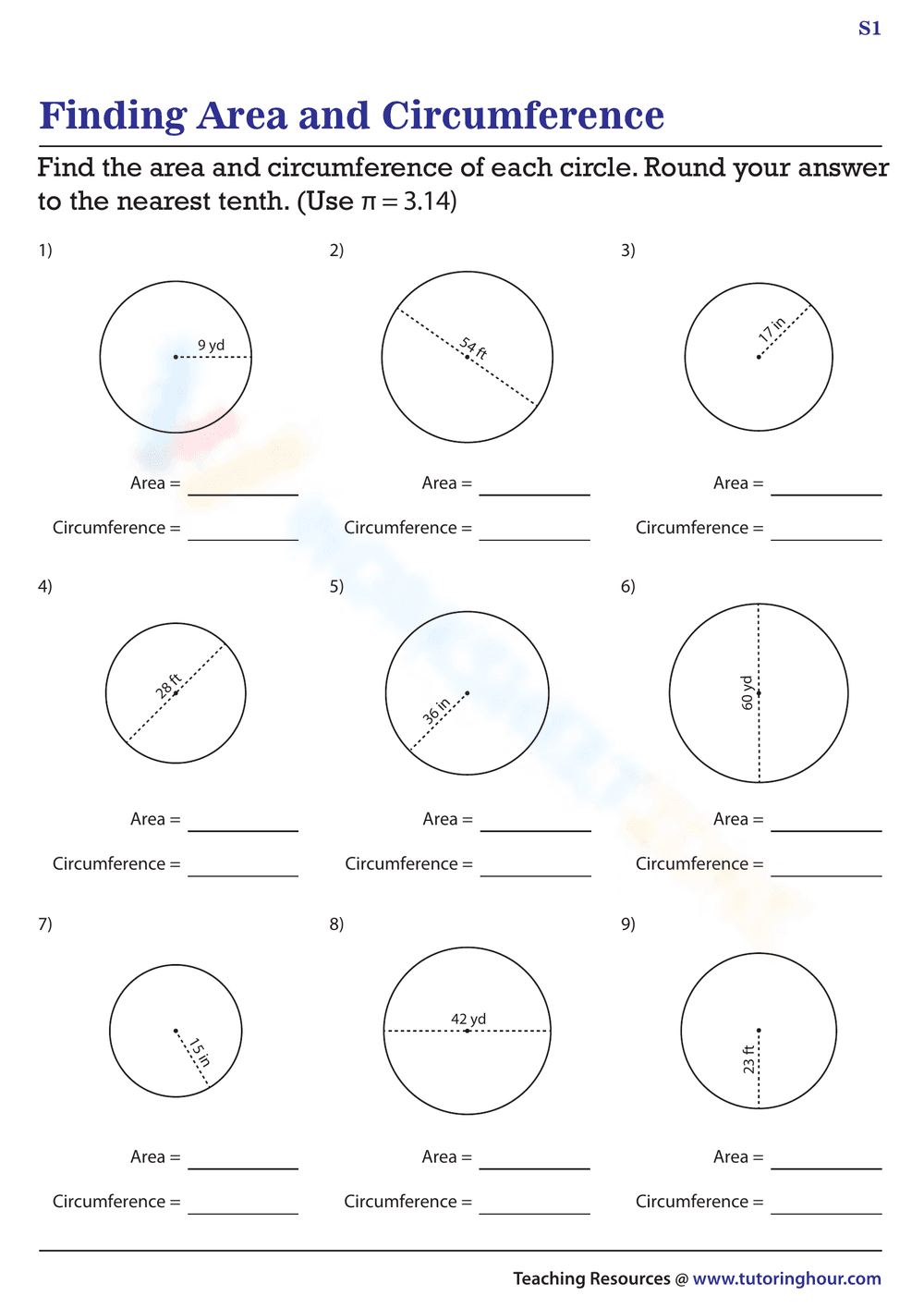 Calculate Area and Circumference - Worksheet - Page 1