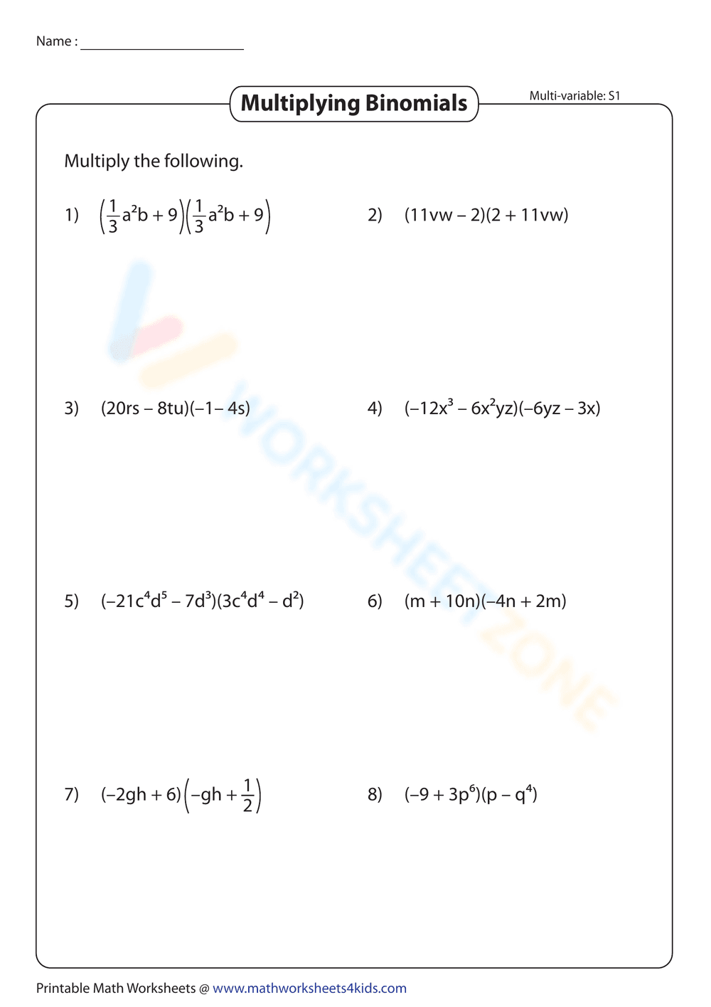 Complex Multiplying Binomials Practice - Page 1