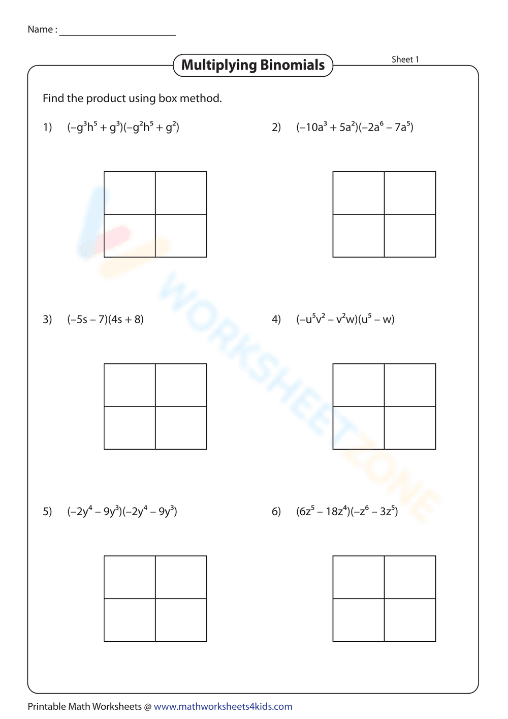 Multiply Binomials Using Box Method - Page 1