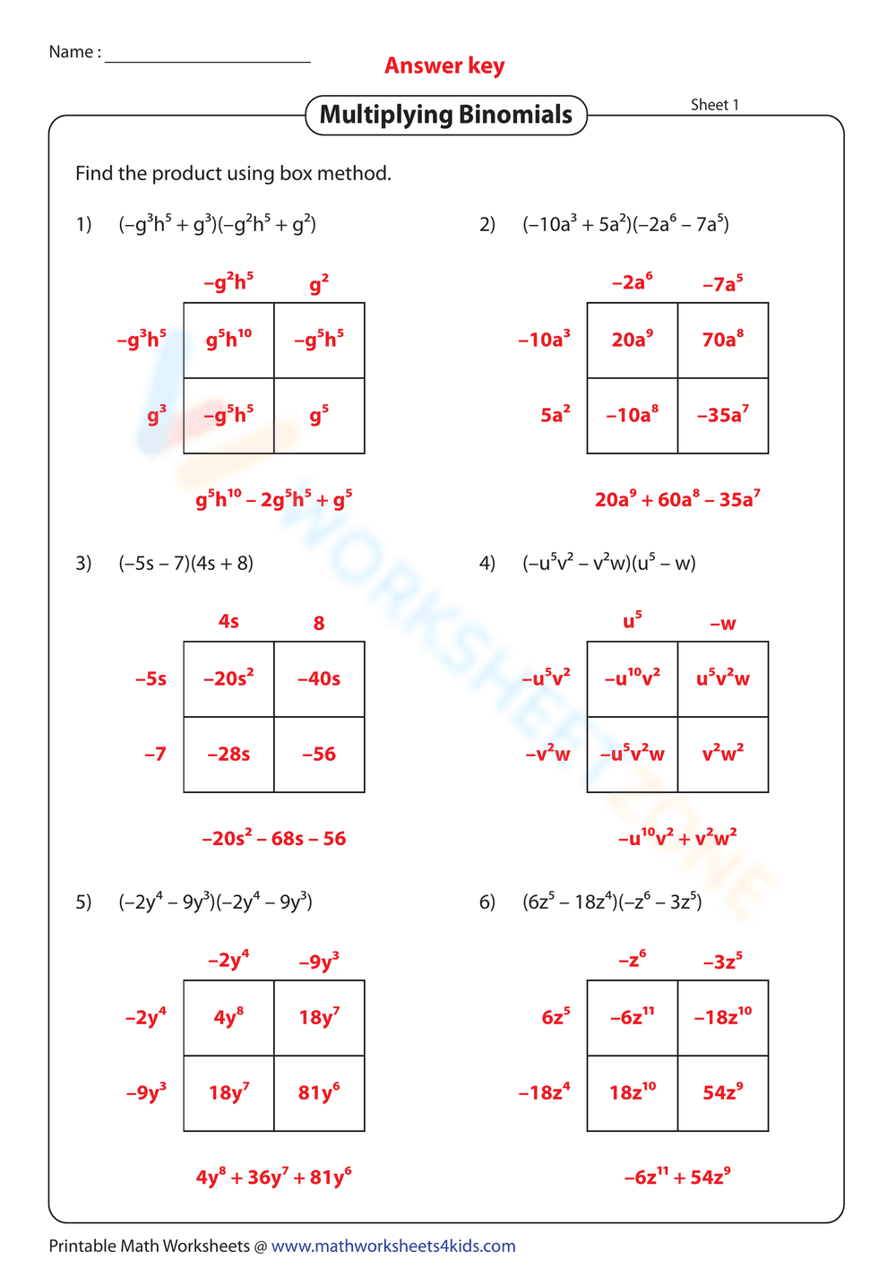 Multiply Binomials Using Box Method - Page 2