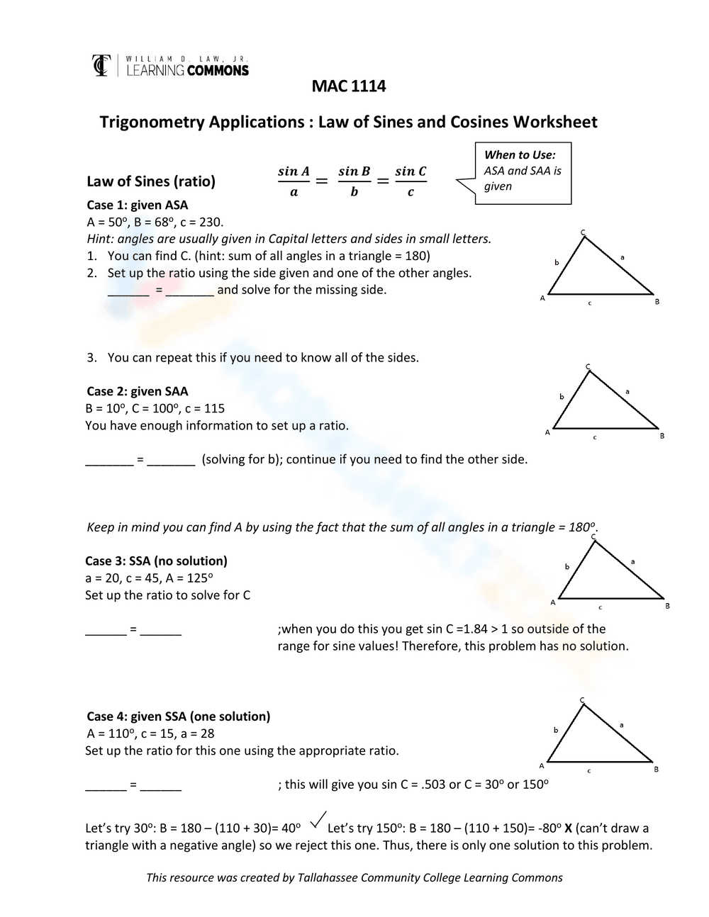 Worksheet on the Law of Sines - Page 1
