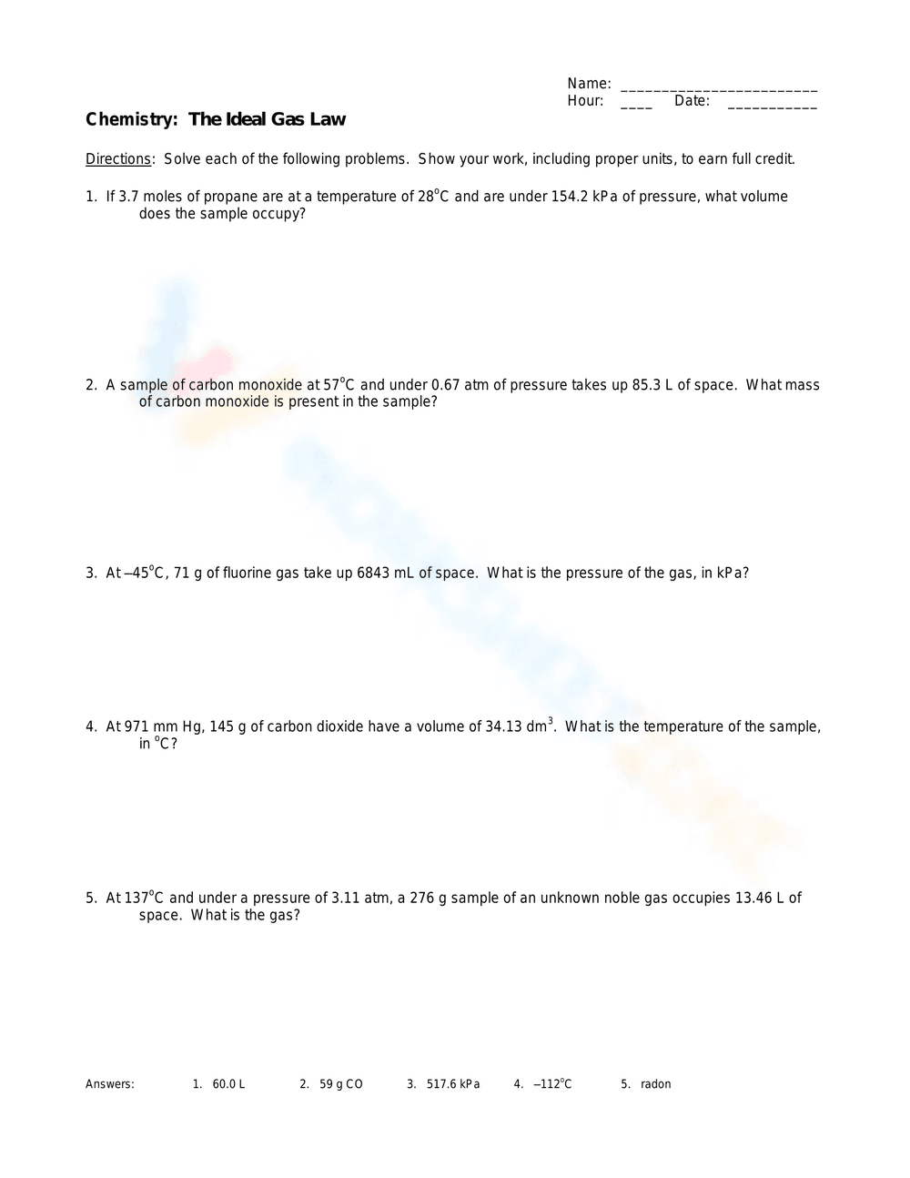 Chemistry: The Ideal Gas Law Worksheet - Page 1