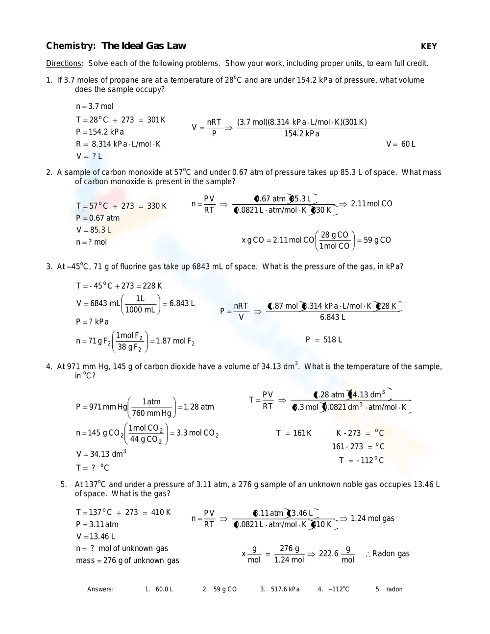 Chemistry: The Ideal Gas Law Worksheet - Page 2