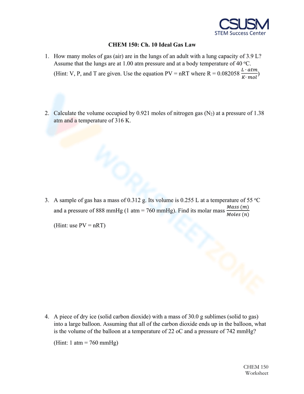 Updated Ideal Gas Law Worksheet: Practice Problems - Page 1