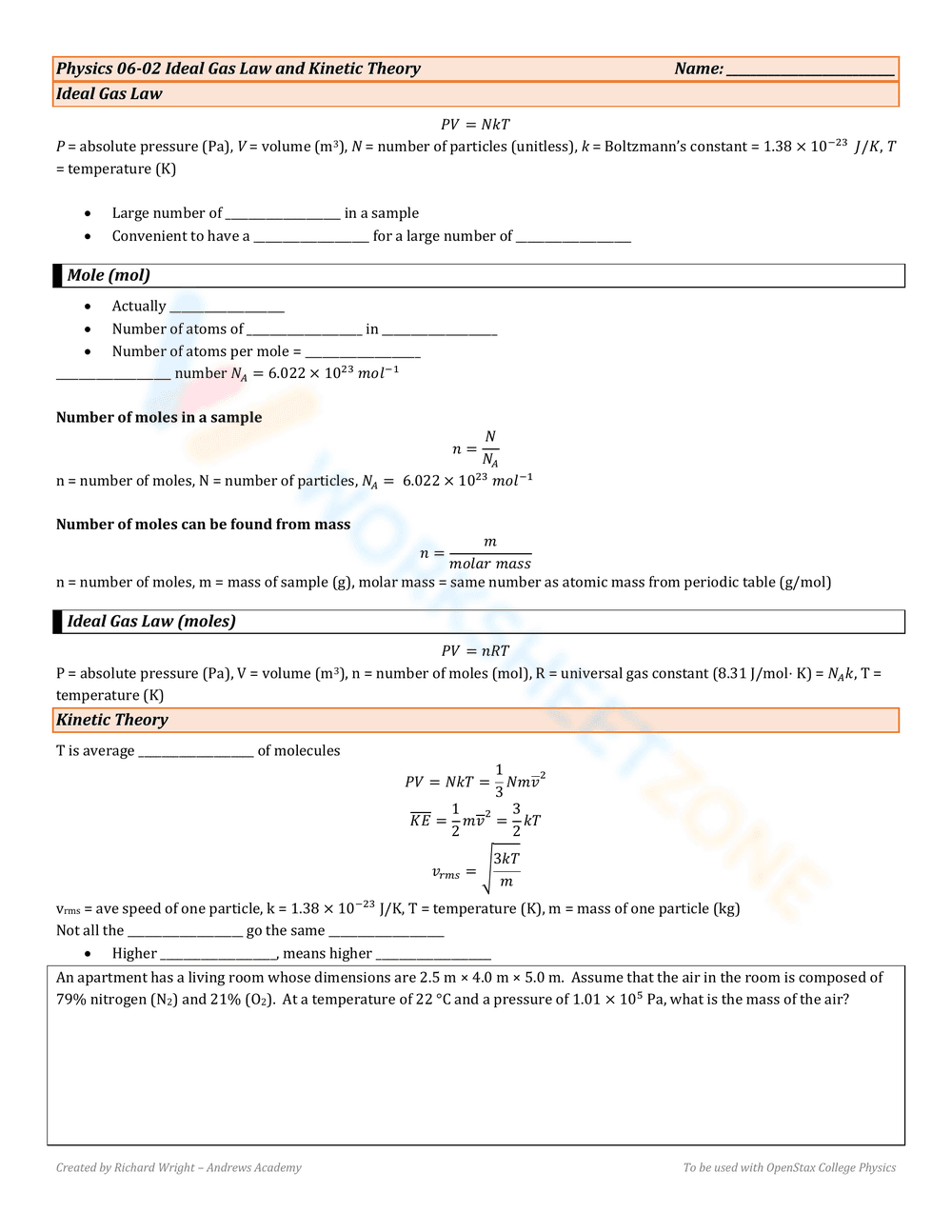 Ideal Gas Law Worksheet: Chemistry Problems - Page 1
