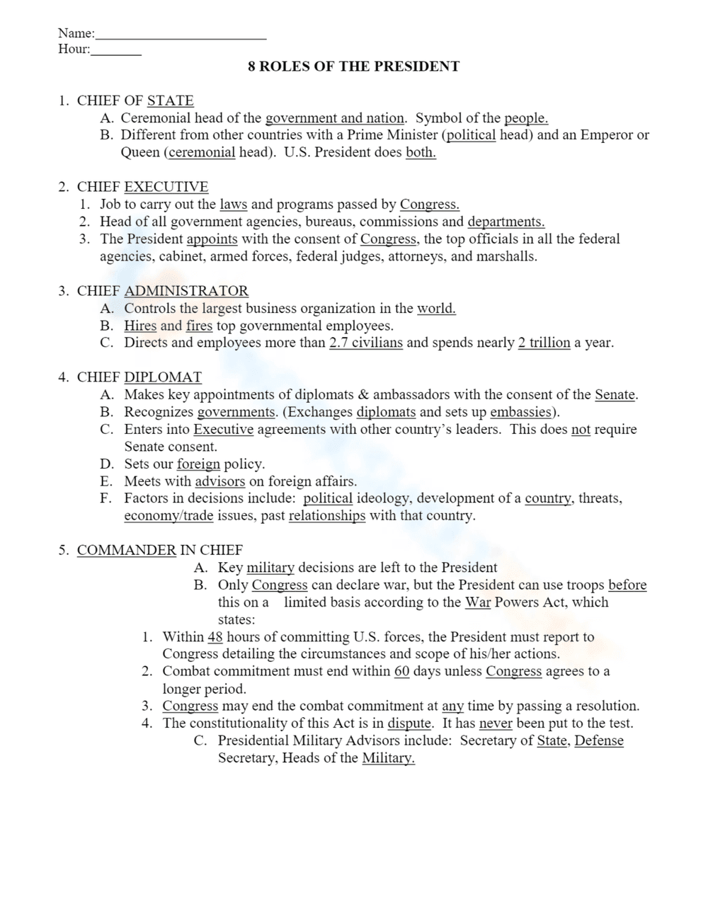 8 Roles of the President: A Civics Worksheet - Page 1