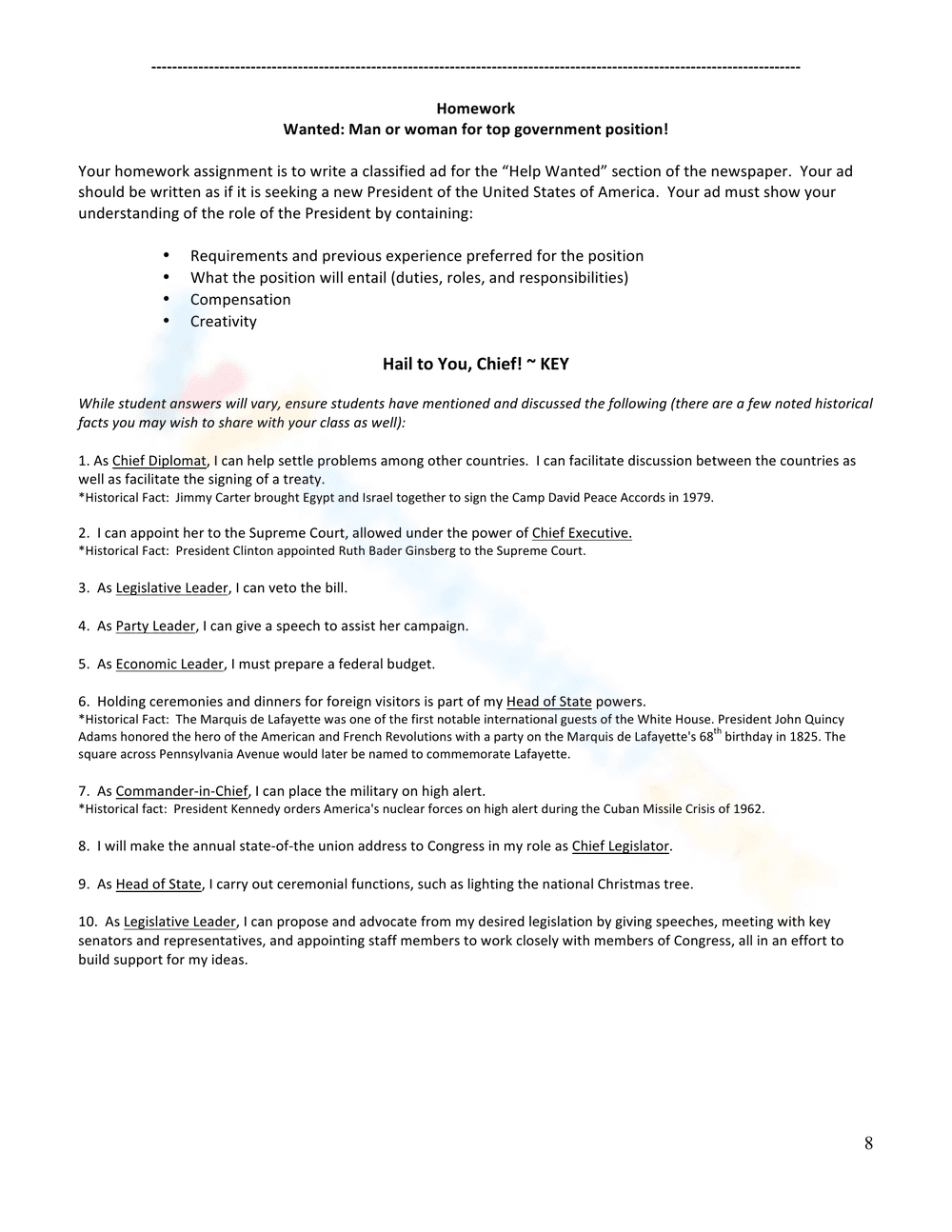 Roles & Powers of President: Worksheet - Page 2