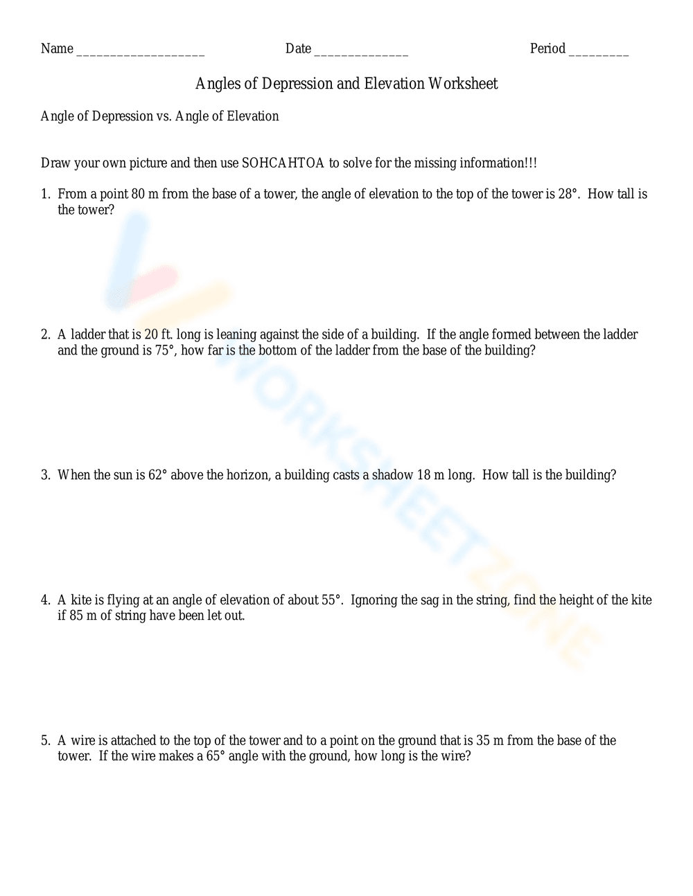 Angles of Depression and Elevation Worksheet - Page 1
