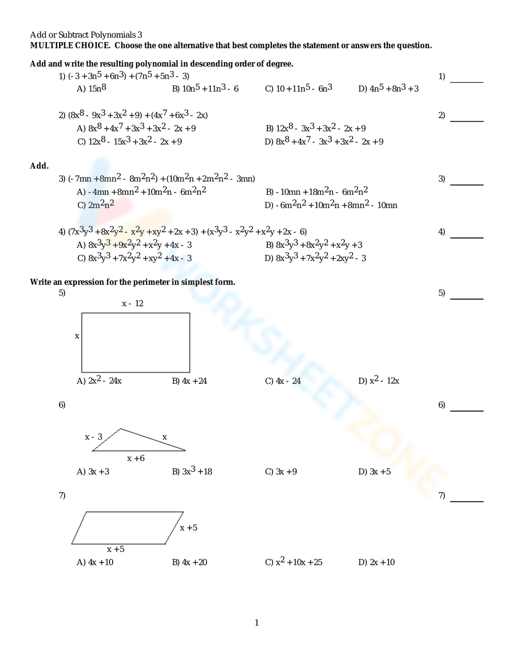 Add or Subtract Polynomials Worksheet - Page 1