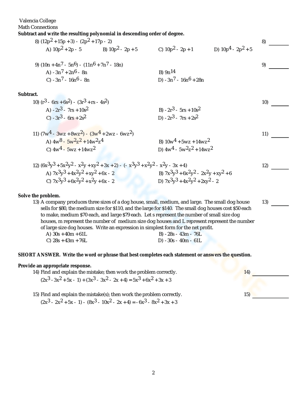 Add or Subtract Polynomials Worksheet - Page 2
