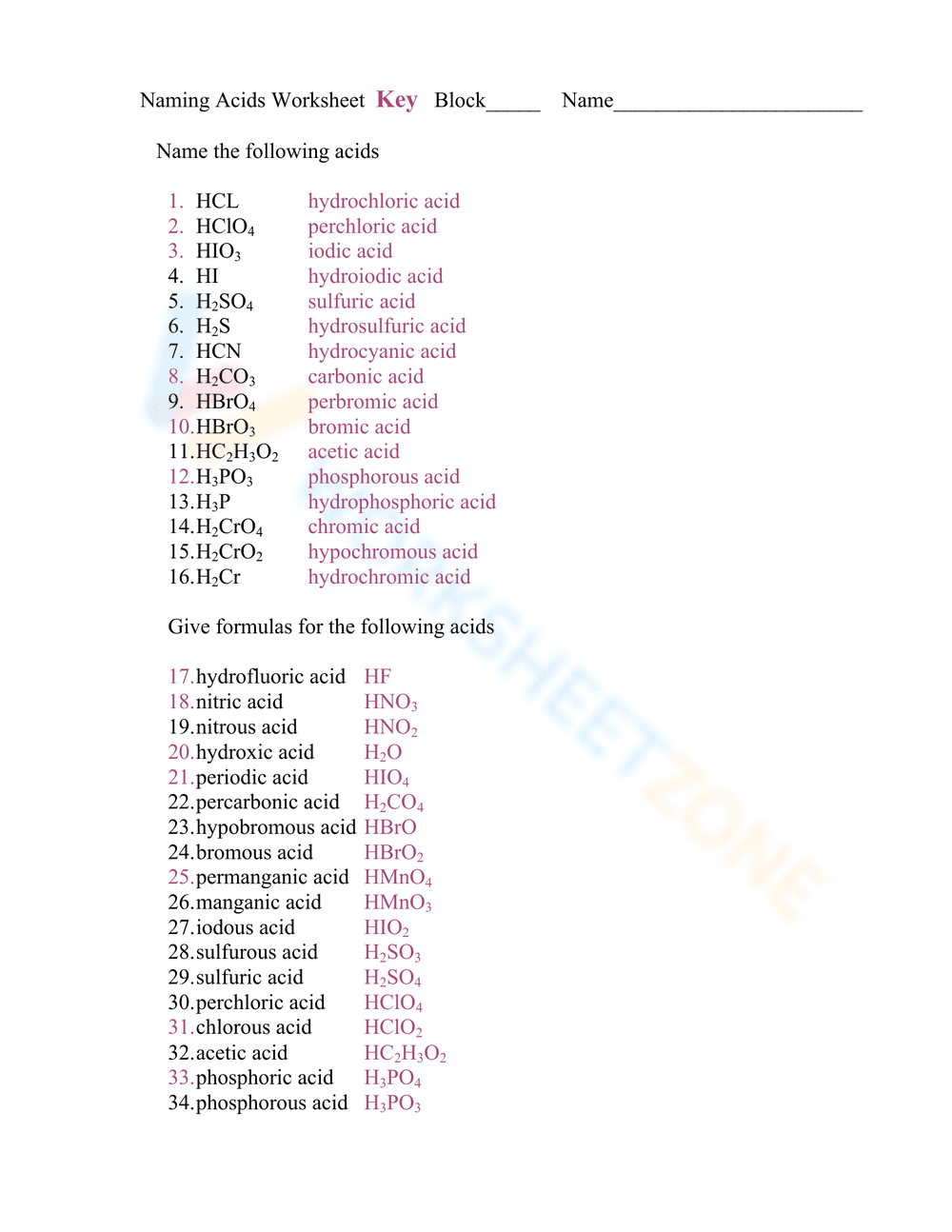 Naming Acids Practice Worksheet - Page 2