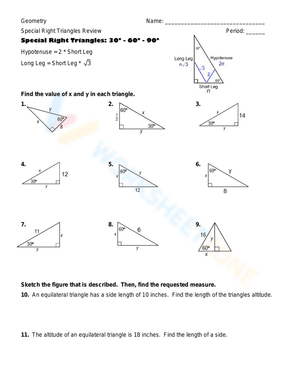 Special Right Triangles Review Worksheet - Page 1