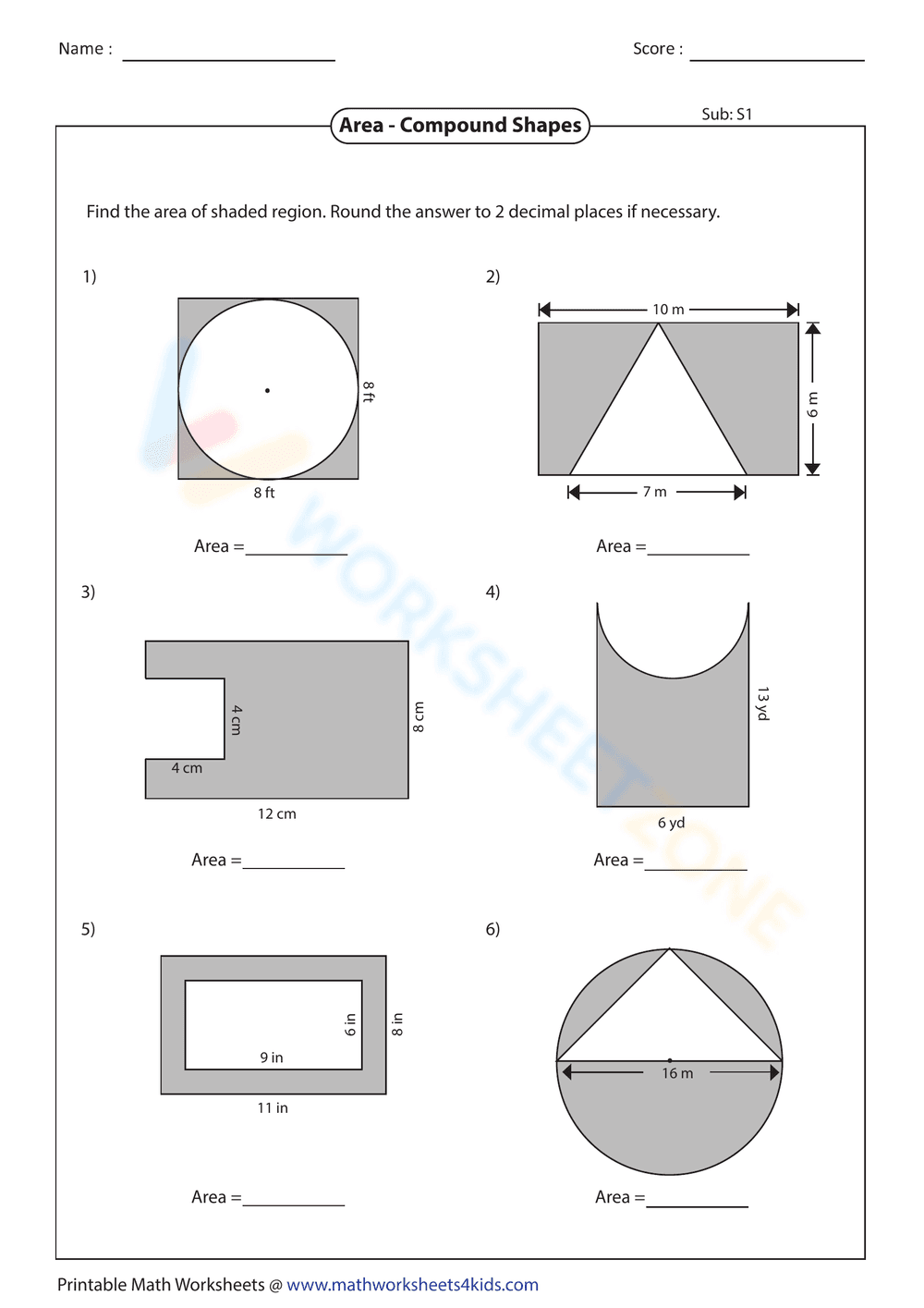 Area of Compound Shape Worksheet - Page 1