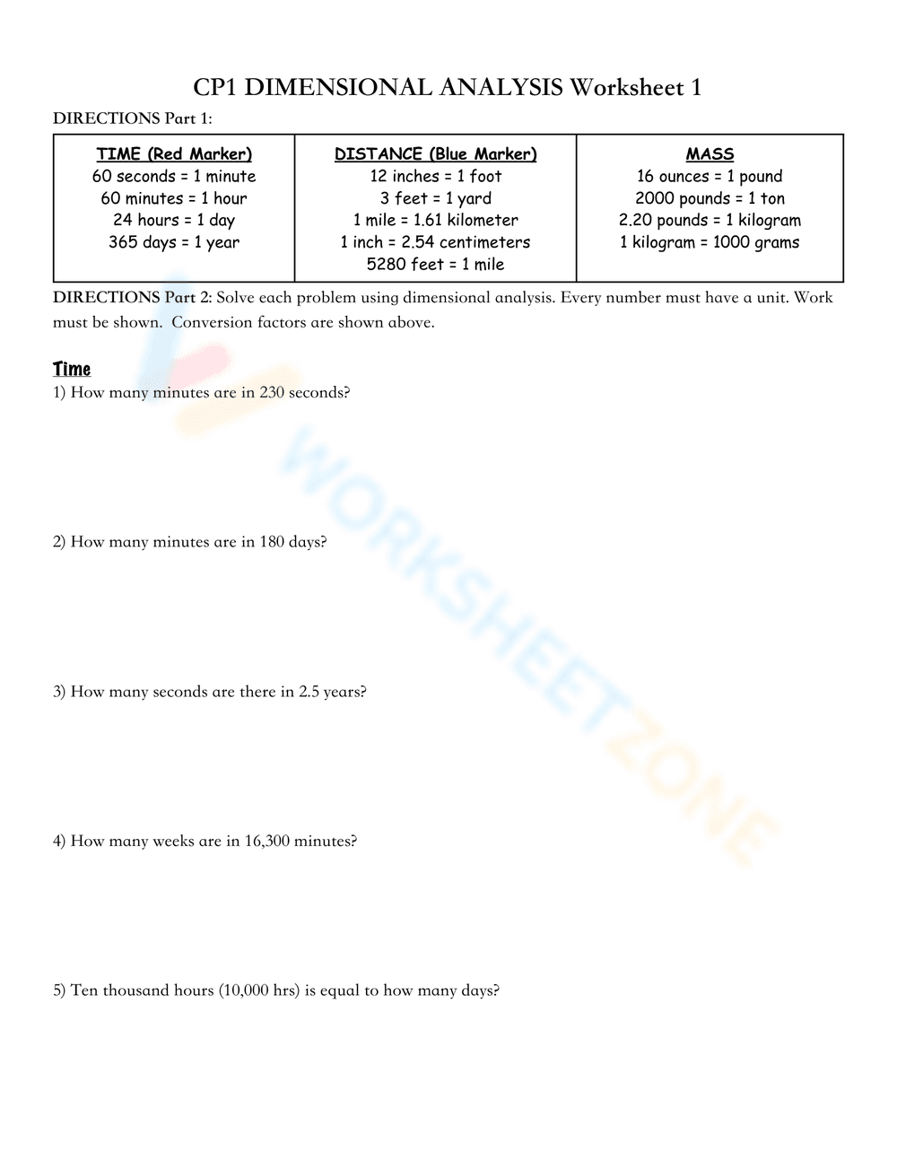 Dimensional Analysis: Unit Conversion Worksheet - Page 1
