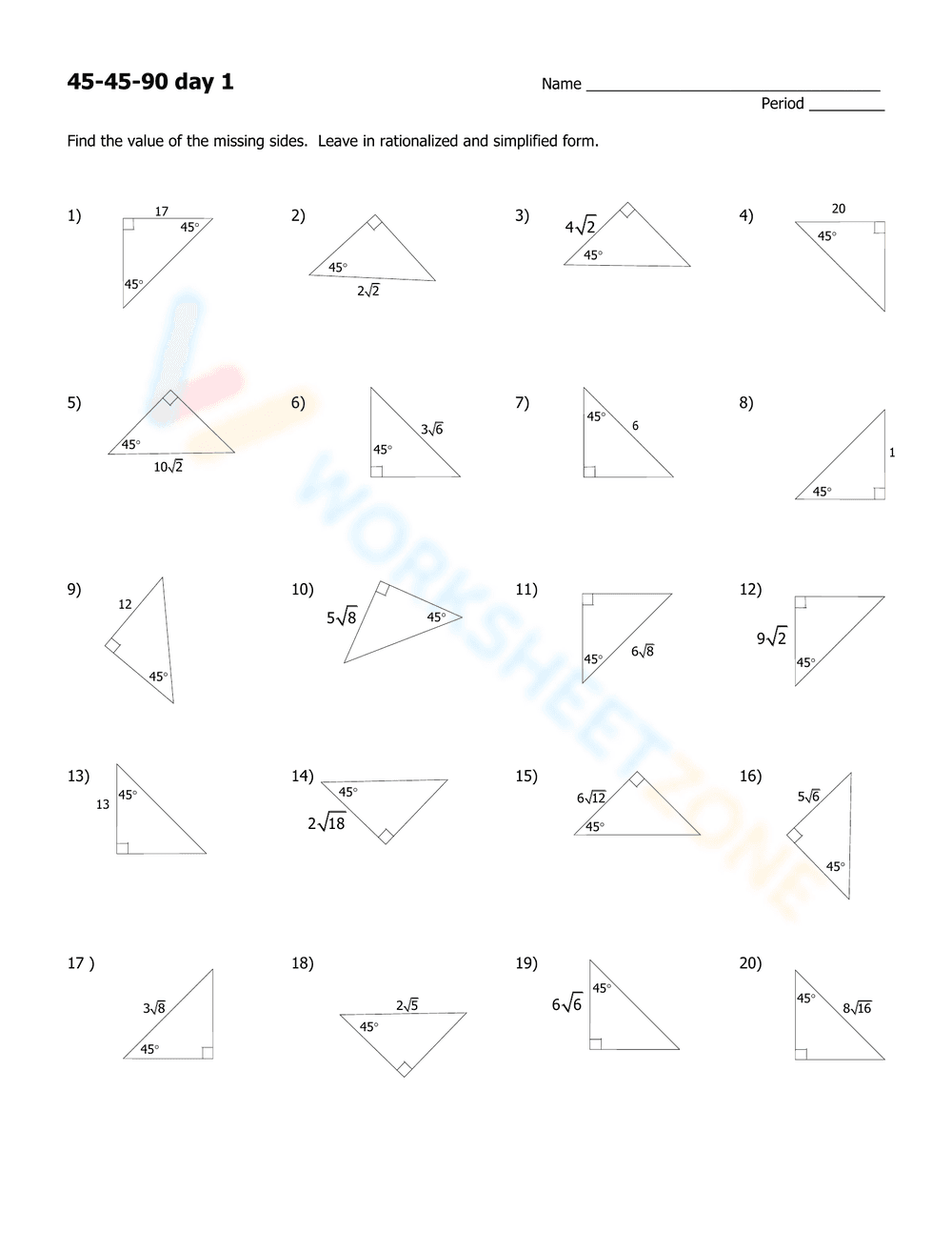 Mastering 45-45-90 Triangle Properties Worksheet - Page 1