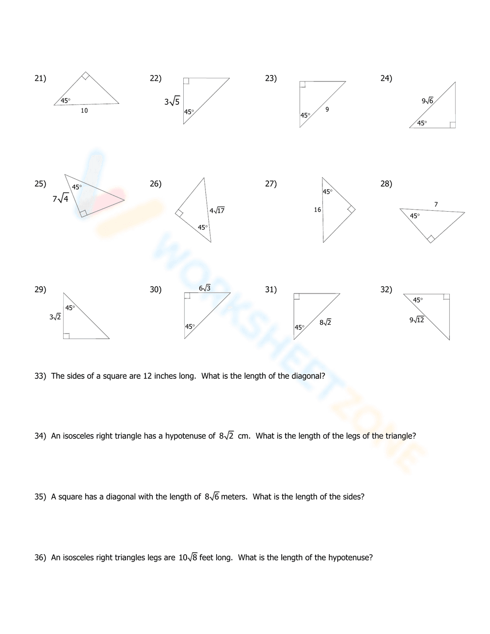 Mastering 45-45-90 Triangle Properties Worksheet - Page 2