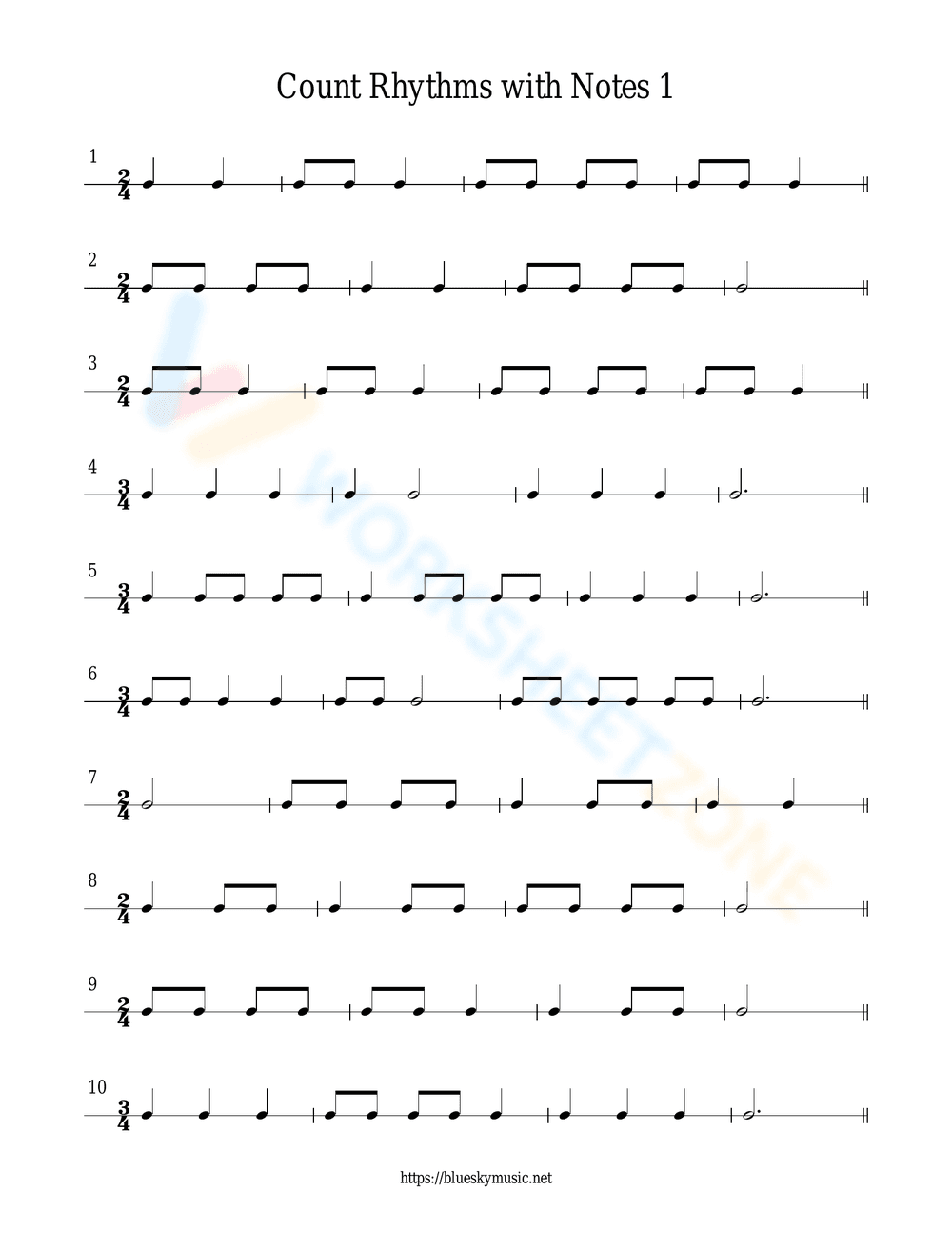 Count Rhythms with Notes Music Worksheet - Page 1