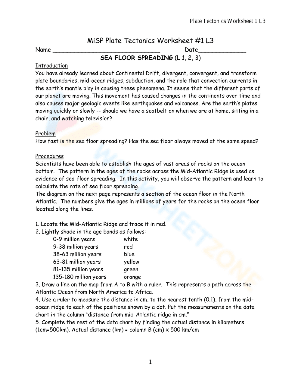 Sea Floor Spreading: Science Worksheet - Page 1