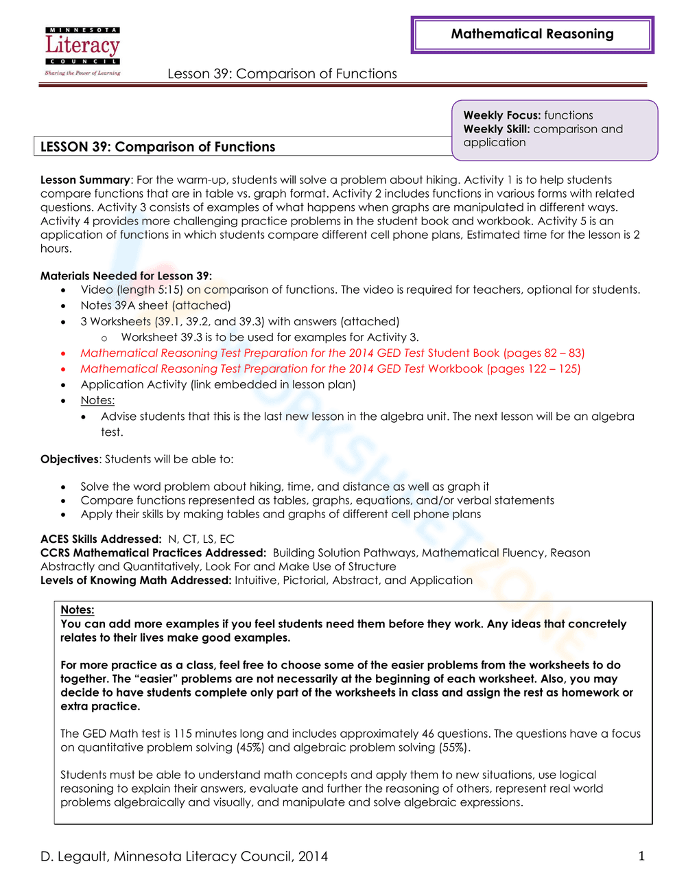 Comparison of Functions Worksheet - Page 1