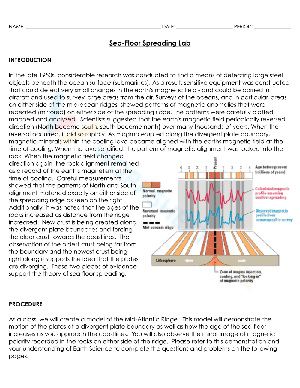 Sea Floor Spreading Lab Worksheet - Page 1