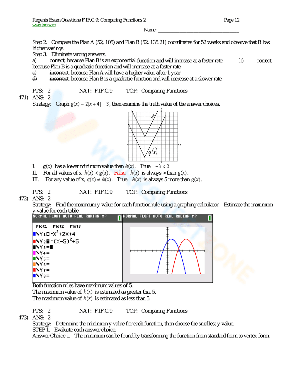 Comparing Functions in Math Worksheet - Page 12