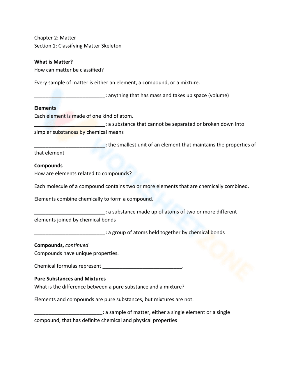 Classifying Matter Skeleton Worksheet - Page 1