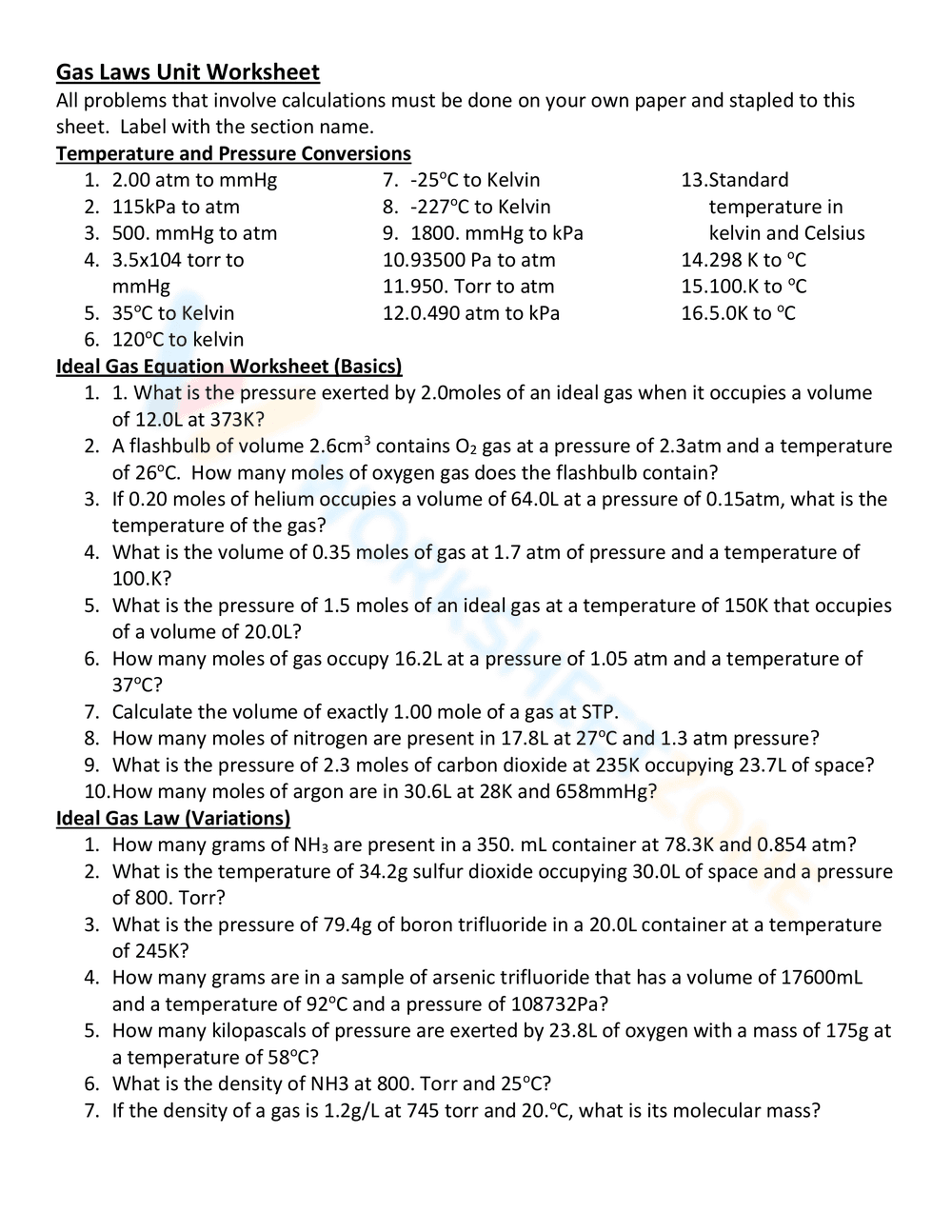 Updated Gas Laws Unit Worksheet - Page 1