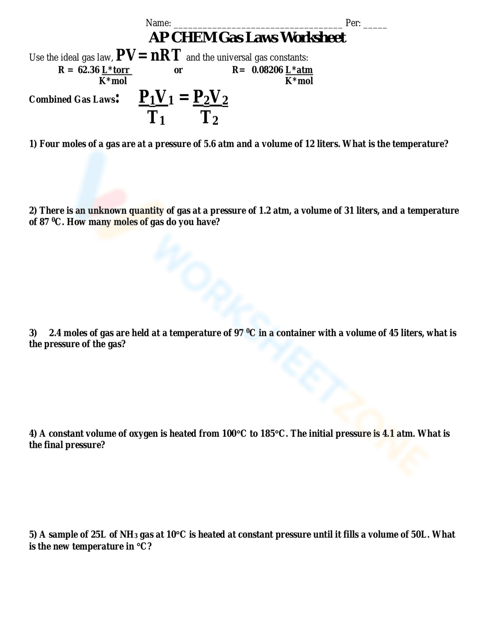 Ideal Gas Law Worksheet - Page 1