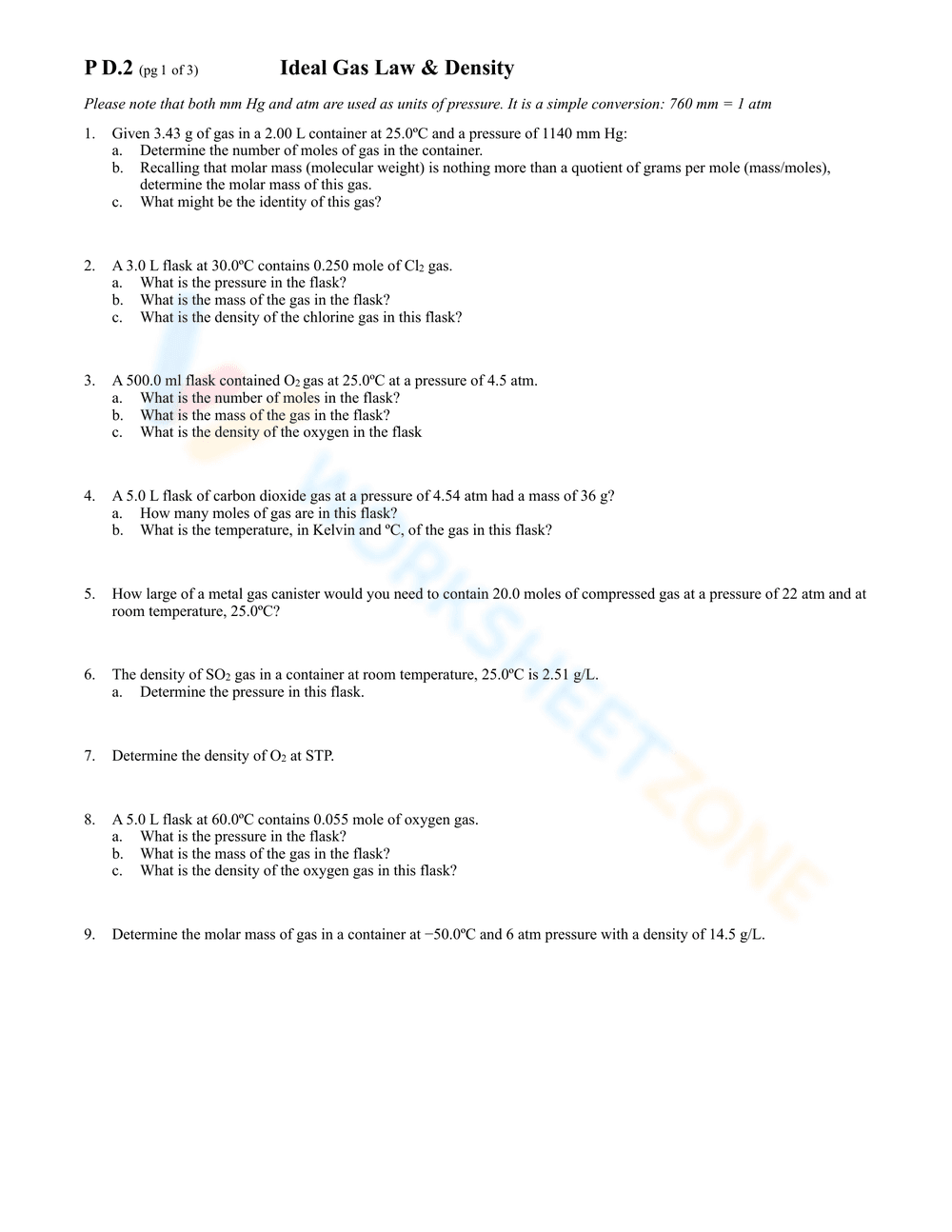 Ideal Gas Law and Density Practice Problems - Page 1