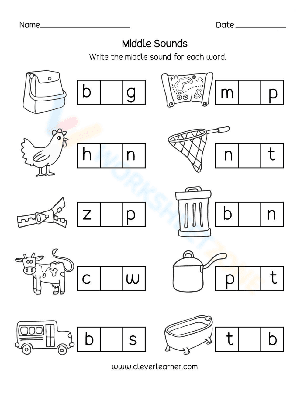 Middle Sounds Identification Worksheet - Page 1