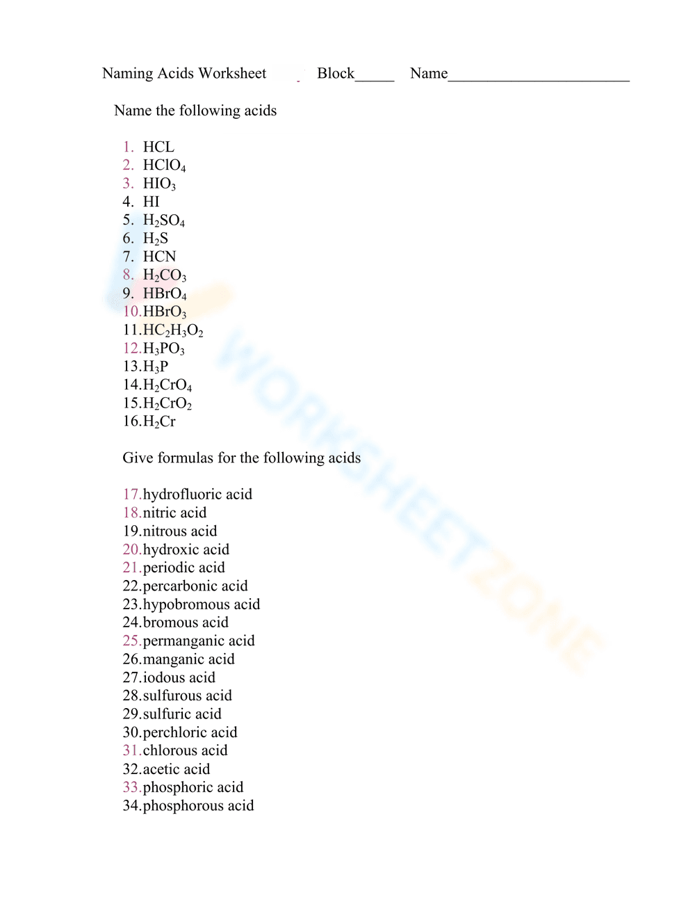 Acid Naming Practice Worksheet - Page 1
