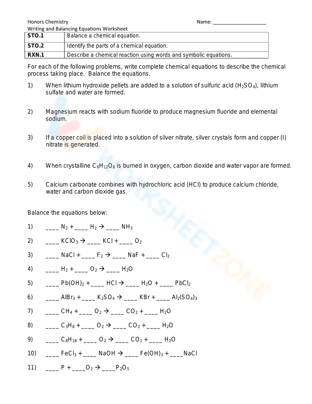 Balancing Chemical Equations Worksheet - Page 1
