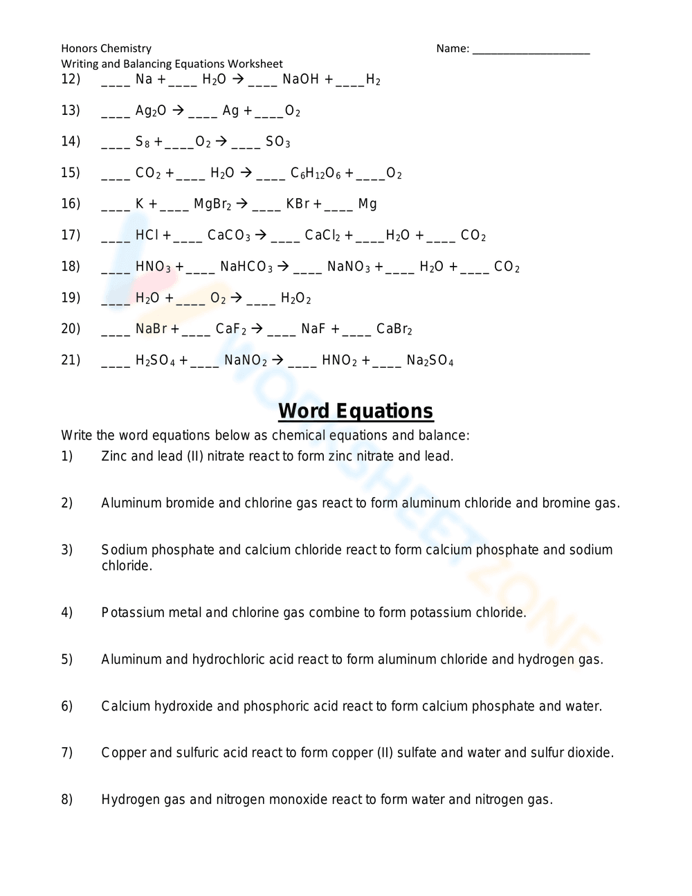 Balancing Chemical Equations Worksheet - Page 2