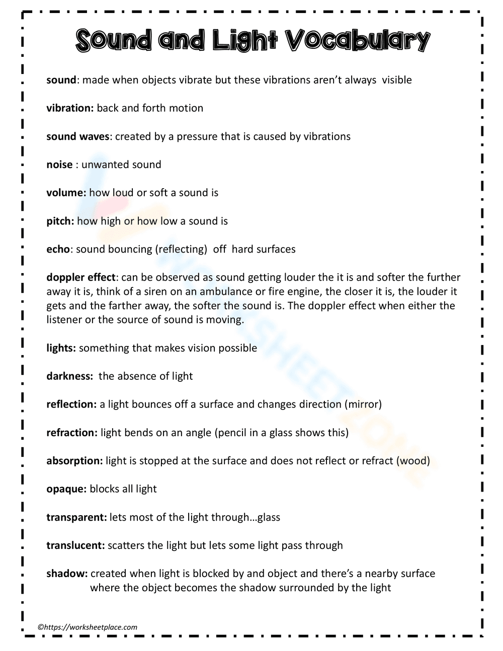 Sound and Light Vocabulary - Page 1